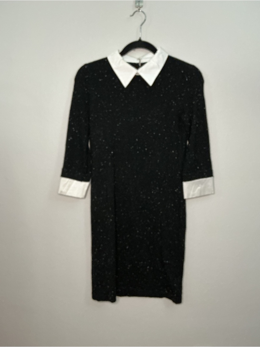Wednesday Addams Tahari Black Midi Dress with White Collar and Cuffs Merino Wool
